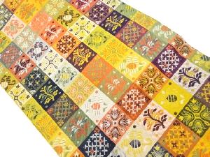 格子に草花模様織出し名古屋帯